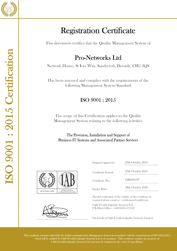 Pro-Networks - ISO 9001 Certificate - Signed